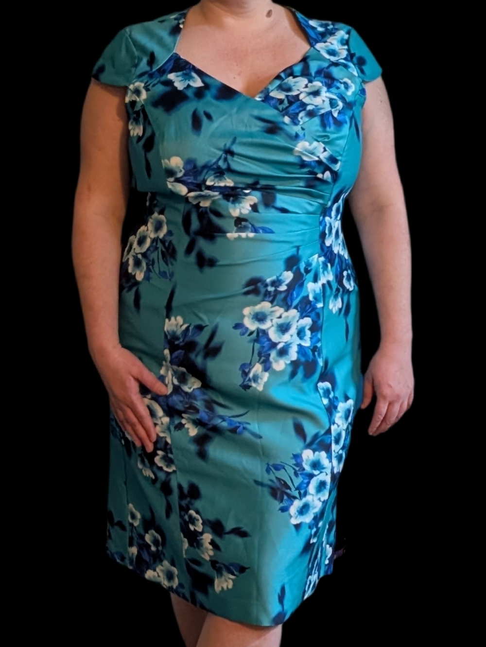 Jacques Vert Teal Floral Ruched Sheath Dress Cap Sleeve NWOT Occasion Wear Plus